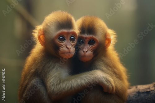 Close up shot of two baby monkeys hugging in tropical green rainforest