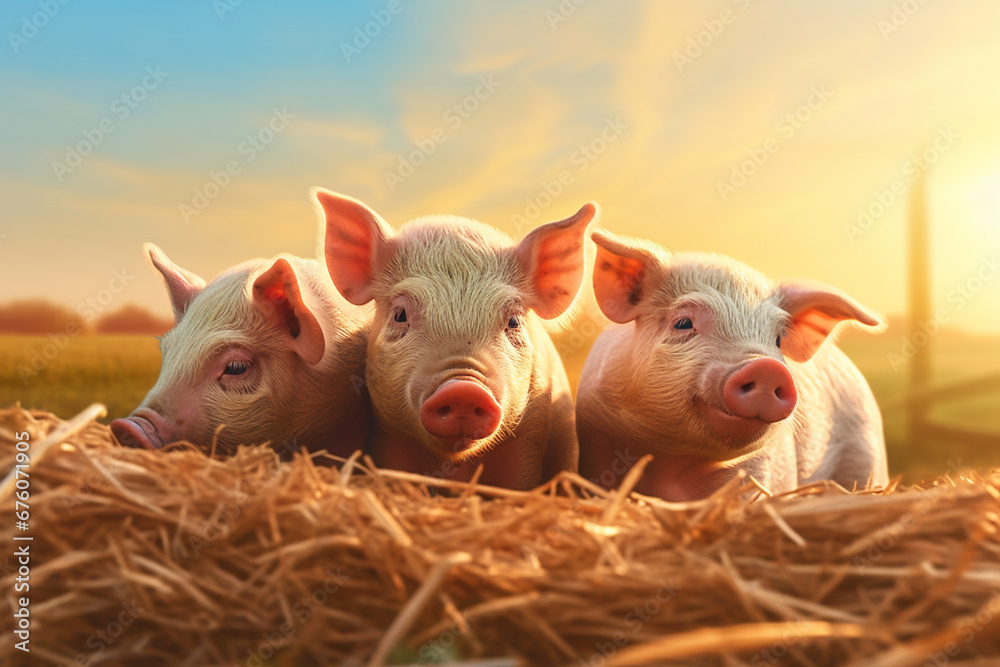 Rural lifestyle concept, farm with pigs goats and sheep Rural lifestyle concept, farm with pigs goats and sheep