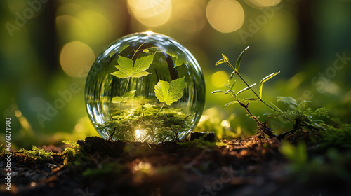 Glaskugel reflektiert grüne Blätter und Lichtspiele in einem Wald, umgeben von Moos und Natur. Magische und friedliche Atmosphäre photo