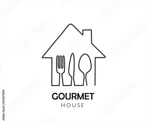Continuous one line of Dining house with Spoon, knife and fork. Gourmet house.  Food Center, Food Court, Cafeteria Service, Canteen or Restaurant Sign. Spoon, knife and fork one line vector icon.