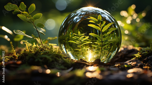 Glaskugel reflektiert grüne Blätter und Lichtspiele in einem Wald, umgeben von Moos und Natur. Magische und friedliche Atmosphäre