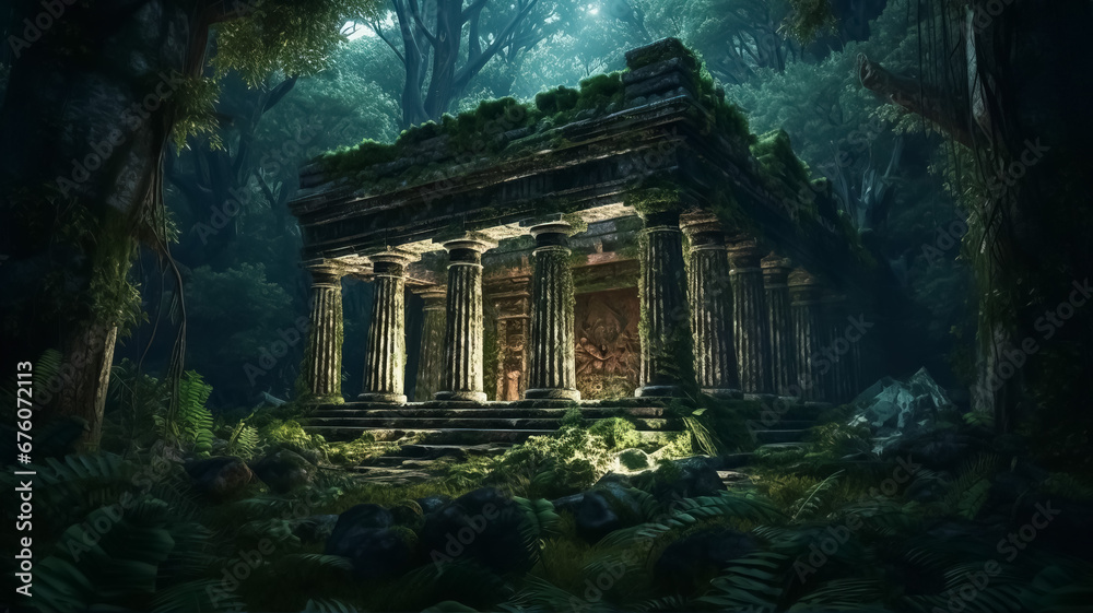 Obraz premium Ancient temple in forest at night, overgrown ruins of old building. Surreal mystical fantasy artwork. Generative AI