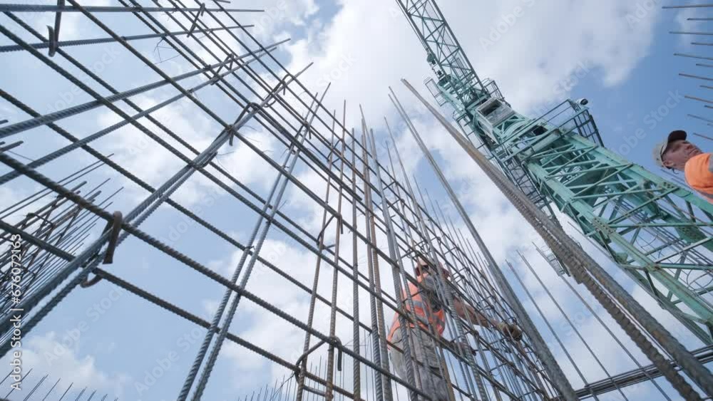 A worker uses steel tying wire to fasten steel rods to reinforcement bars. Reinforced concrete structures - knitting of a metal reinforcing cage.