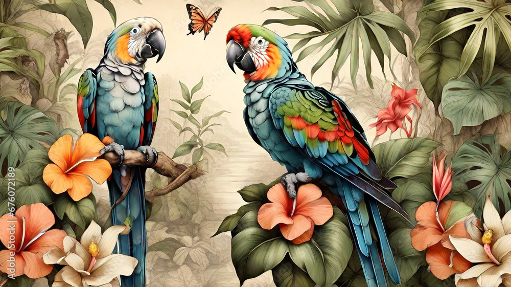 Wallpaper jungle and leaves tropical forest with parrots and butterflies - Generative AI