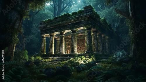 Ancient temple in forest at night, overgrown ruins of old building. Surreal mystical fantasy artwork. Generative AI photo