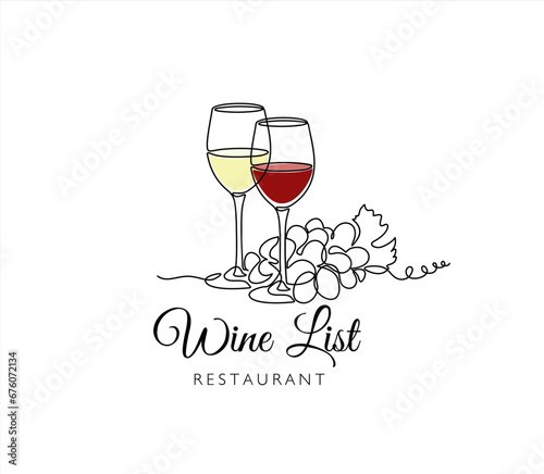 Wine list. Continuous one line drawing of wineglasses with red and white and bunch of grapes. Illustration with quote template. Can used for logo, emblem, slide show and banner.