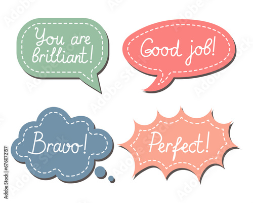 Set of motivational stickers, Work and Great Job speech clouds. School award, encouragement stamp. Student icons in cartoon style, stickers, vector