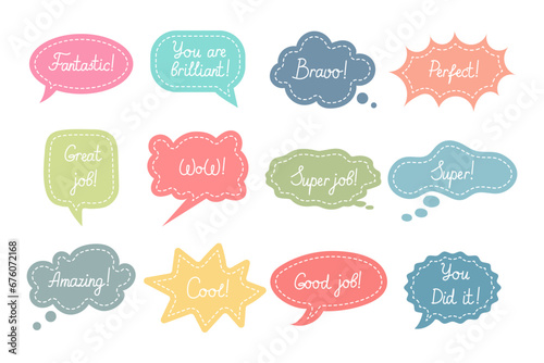 Set of motivational stickers, Work and Great Job speech clouds. School award, encouragement stamp. Student icons in cartoon style, stickers, vector