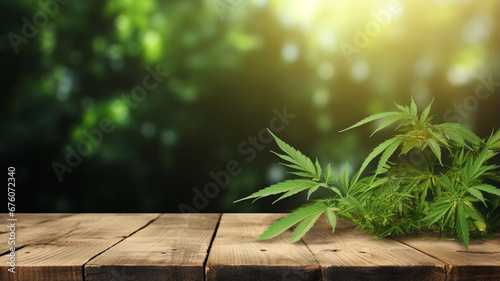 cannabis leaves on wooden background with copy space