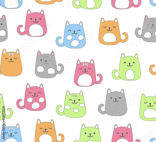 Fototapeta Naklejka Na Ścianę i Meble -  Seamless pattern of cute colorful cartoon cats, vector illustration for fashion, fabric, cover, wallpaper designs