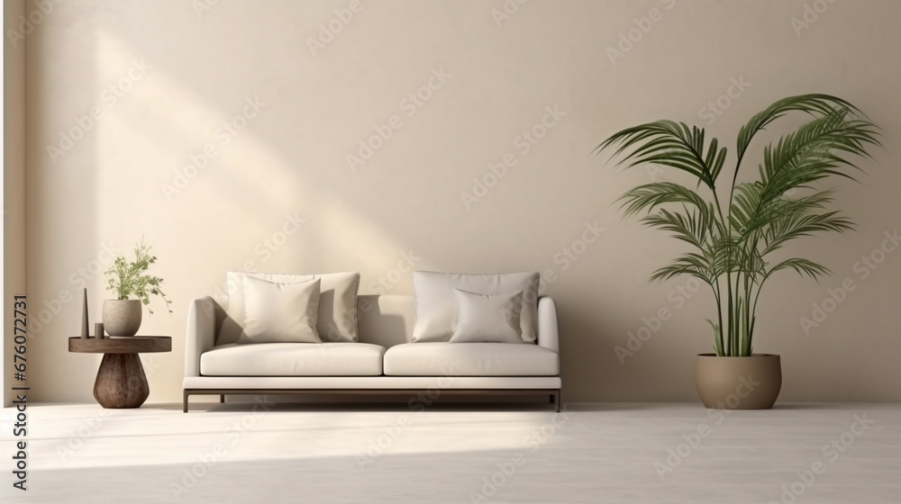 interior soft minimalist living room warm with curved low sofa, and palm leaf in vase. Generative Ai