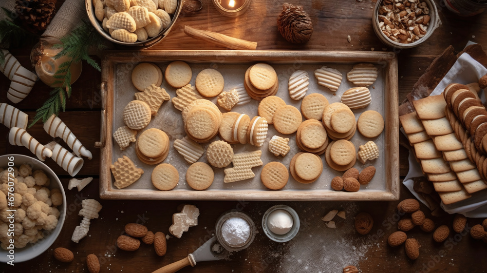 Handverzierte Weihnachtskekse auf silbernem Tablett, umgeben von warmen Lichtern und festlichem Dekor. Perfekt für die Weihnachtszeit Handverzierte Weihnachtskekse auf silbernem Tablett, umgeben von warmen Lichtern und festlichem Dekor. Perfekt für die Weihnachtszeit