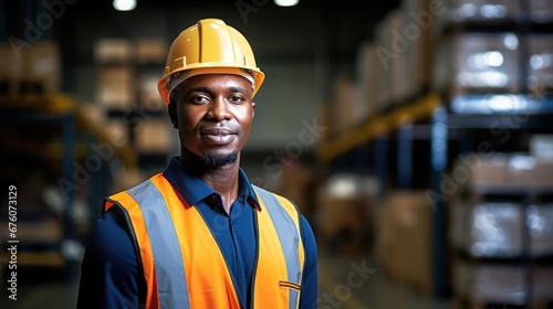 African American engineer in factory or warehouse copyspace 