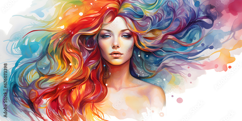 Watercolor illustration of a beautiful woman with colorful long hair 
