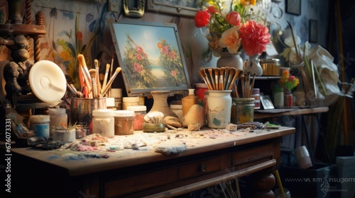 Artist's table with brushes and paints