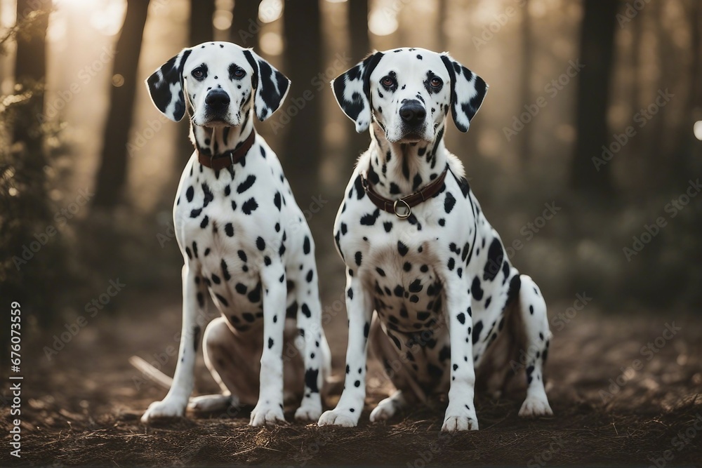 Two Dalmatian Dogs Sitting and Gazing at the Camera in a Wooded Setting