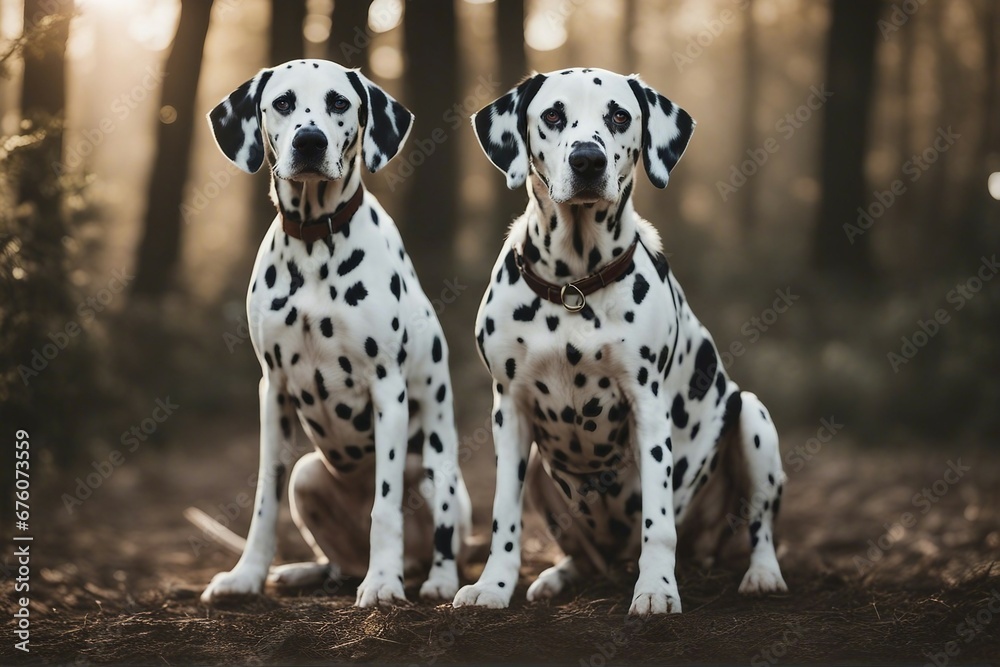 Two Dalmatian Dogs Sitting and Gazing at the Camera in a Wooded Setting Two Dalmatian Dogs Sitting and Gazing at the Camera in a Wooded Setting