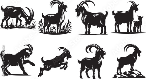 Goat Silhouettes, Cute Goat Vector Black Illustraiton