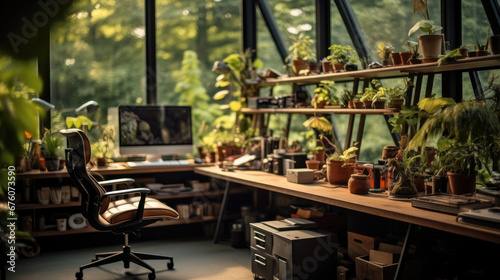 A home office space filled with plants.