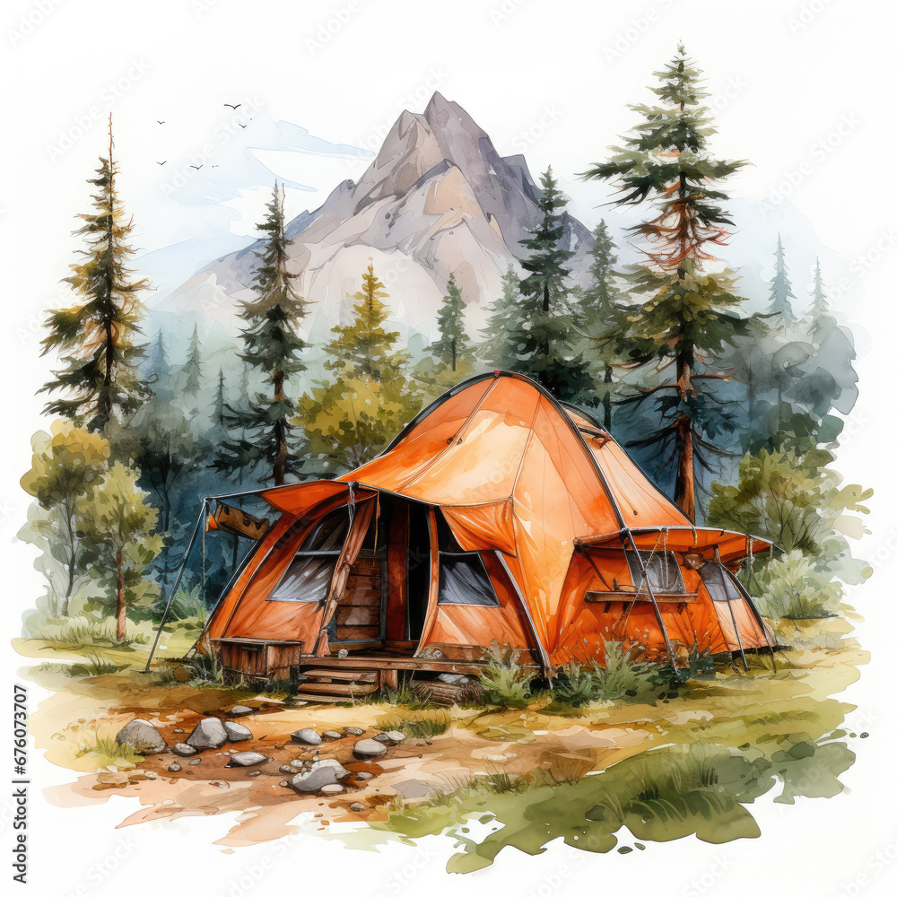 watercolor Camping Summer Mountain clipart, Generative Ai