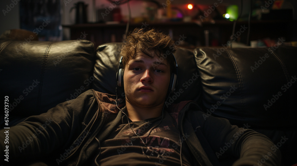 Obraz premium teen sitting on the couch in a dark room