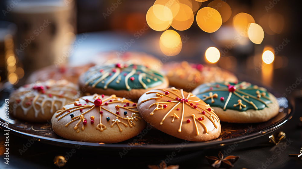 Handverzierte Weihnachtskekse auf silbernem Tablett, umgeben von warmen Lichtern und festlichem Dekor. Perfekt für die Weihnachtszeit