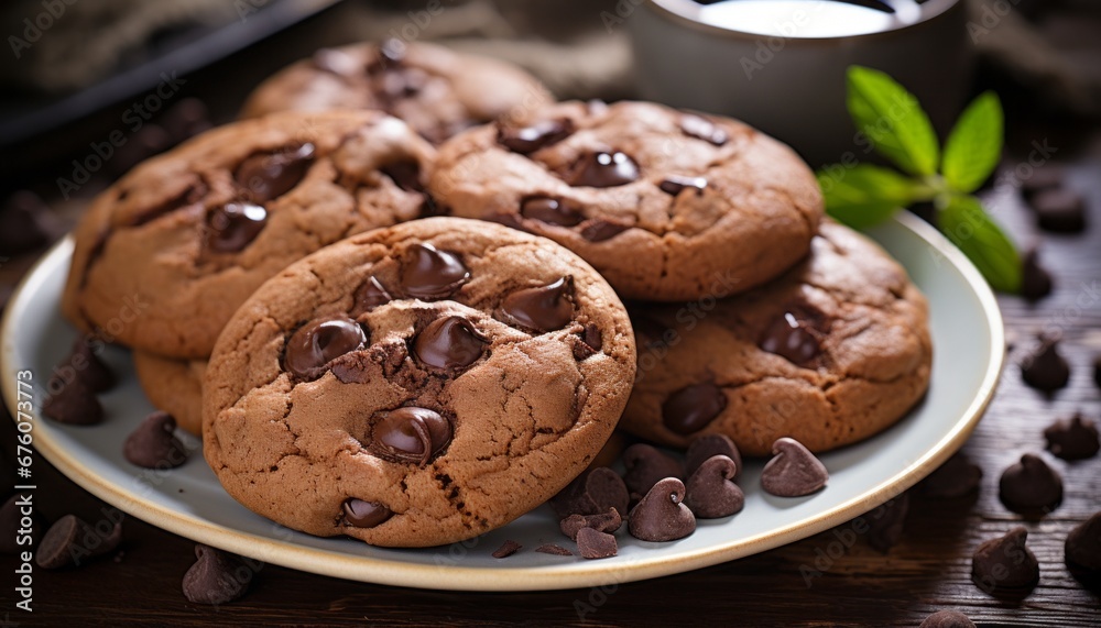 Fototapeta premium Decadent chocolate chip cookies with generous chocolate chips, beautifully arranged on a plate