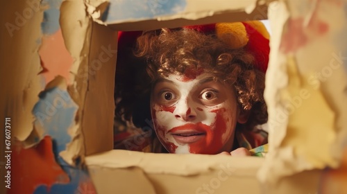 Funny little clown peering through a cardboard hole. Home playtime for a child