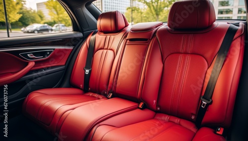 Front view of luxurious modern car interior with stylish red leather back passenger seats © Ilja