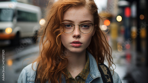 portrait of a ginger woman with glasses in the city