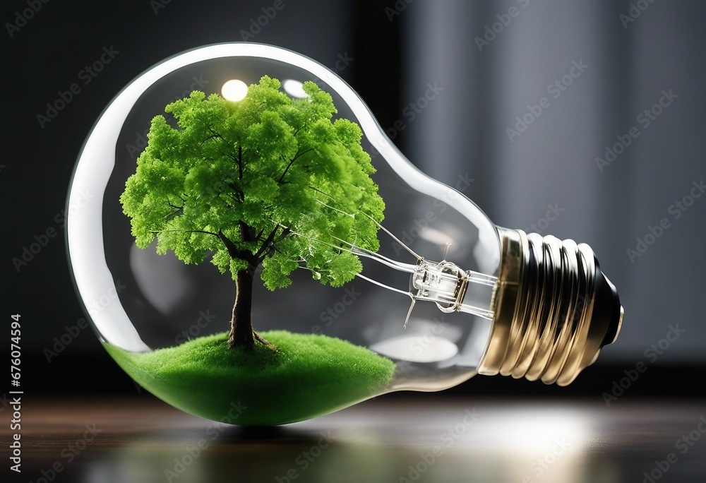 Green tree inside a light bulb glowing on a dark background. Electricity and energy saving sustainable concept - obrazy, fototapety, plakaty 