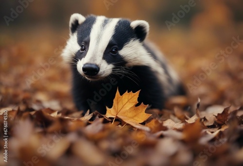 A funny badger raccoon joyfully plays with fallen leaves adding laughter to the autumn air