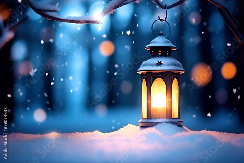 Christmas lantern in the snow at the forest. Christmas themed card