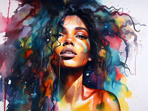 Colorful watercolor illustration of a beautiful Afroamerican woman 