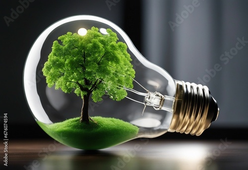 Green tree inside a light bulb glowing on a dark background. Electricity and energy saving sustainable concept