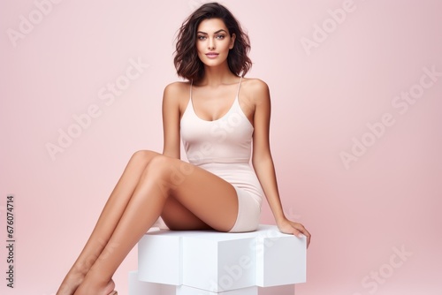 Photo of pretty lady sitting cube with empty space promotion rejuvenation procedures isolated pastel color background