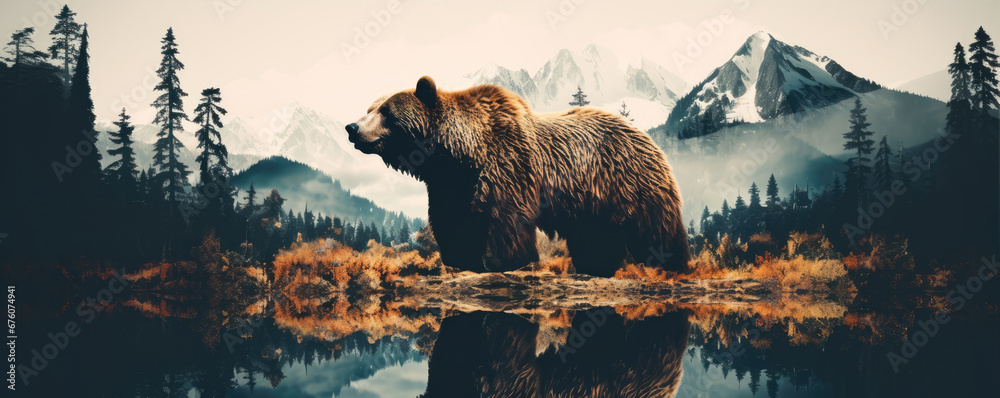 Wild grizlly bear in the forest for t-shirt printing. - obrazy, fototapety, plakaty 
