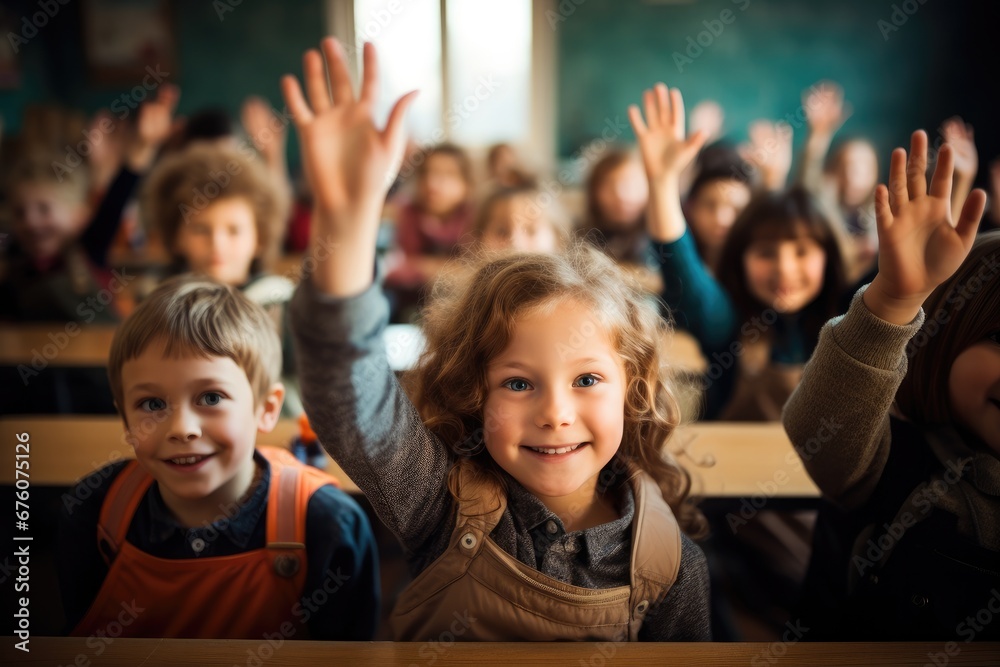Fototapeta premium Group of school kids raising hands in classroom.