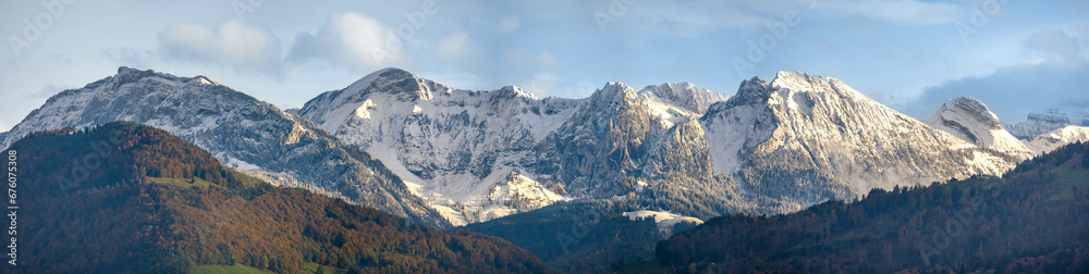 Stunning view of the the mountain range surrounding the Wägital, Canton Schwyz, Switzerland