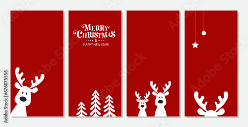 Cute Christmas reindeer on a red background. Christmas background, banner, or card.
