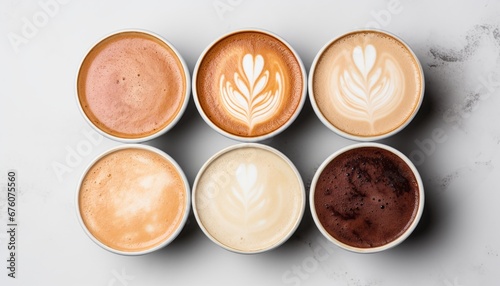 Variety of coffee mugs arranged on a white stone table, captured from an overhead perspective