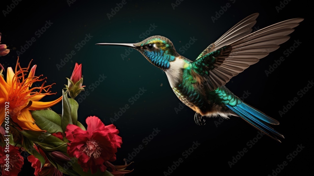 Fototapeta premium a colorful hummingbird hovering over a bunch of flowers and a vase with red and yellow flowers in front of a black background. generative ai