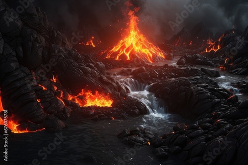 flow burning lava in the photo of the mountains