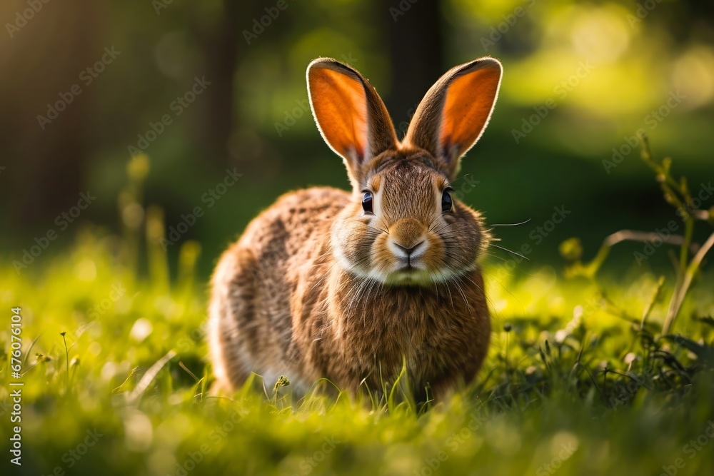 Fototapeta premium Portrait of the Wild Rabbit in the Green Meadow. Wild Nature Reserve, Wildlife Sanctuary. Wild Hare in Sunny Day. Beautiful Animal in the Natural Habitat. Wild Bunny.