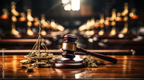 A judge's gavel sitting on top of a wooden table with marijuana leaf, Legalization of cannabis.
