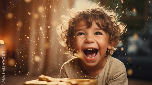 happy cute child unwrapping his chrismast present
curly hair, sparkling eyes photo