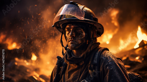 Handsome Firefighter Amid Disaster, Ashes, Fire in Background © Alex