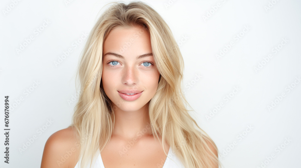 Portrait beautiful happy blonde woman with white teeth smiling. Beauty concept.
Portrait beautiful happy blonde woman with white teeth smiling. Beauty concept.