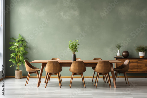Modern mid century style dining room with wooden dining table and chairs against green wall. Minimal Scandinavian home interior design