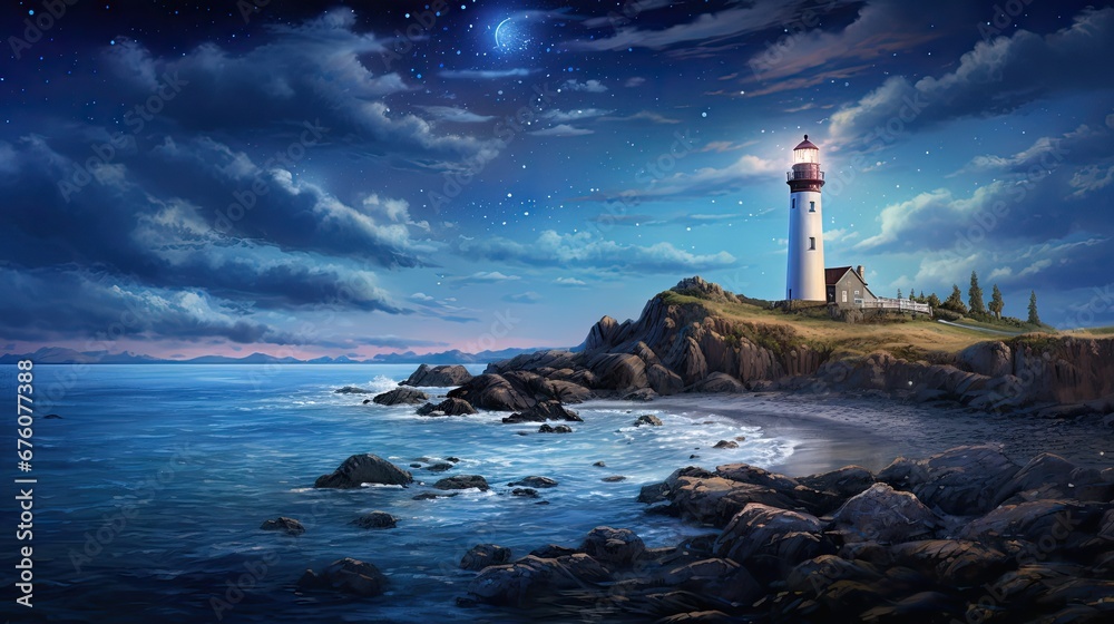  a painting of a lighthouse on a rocky shore under a night sky with stars and the moon above the ocean.  generative ai